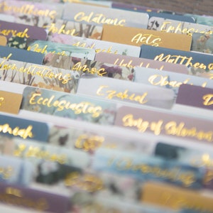 Puede incluir: Primer plano de un conjunto de tarjetas de &iacute;ndice coloridas y estampadas con letras doradas. Las tarjetas est&aacute;n etiquetadas con los nombres de los libros de la Biblia, incluyendo "Apocalipsis", "Zacar&iacute;as", "Juan", "G&aacute;latas", "Hechos", "Mateo", "Abd&iacute;as", "Daniel", "Proverbios", "Eclesiast&eacute;s", "Ezequiel", "Cantar de los Cantares" y "Nehem&iacute;as".