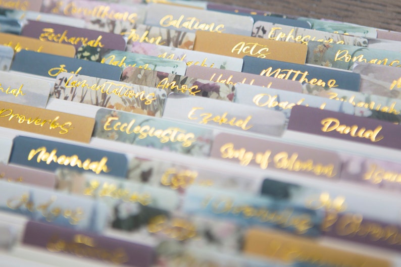 Puede incluir: Primer plano de un conjunto de tarjetas de &iacute;ndice coloridas y estampadas con letras doradas. Las tarjetas est&aacute;n etiquetadas con los nombres de los libros de la Biblia, incluyendo "Apocalipsis", "Zacar&iacute;as", "Juan", "G&aacute;latas", "Hechos", "Mateo", "Abd&iacute;as", "Daniel", "Proverbios", "Eclesiast&eacute;s", "Ezequiel", "Cantar de los Cantares" y "Nehem&iacute;as".