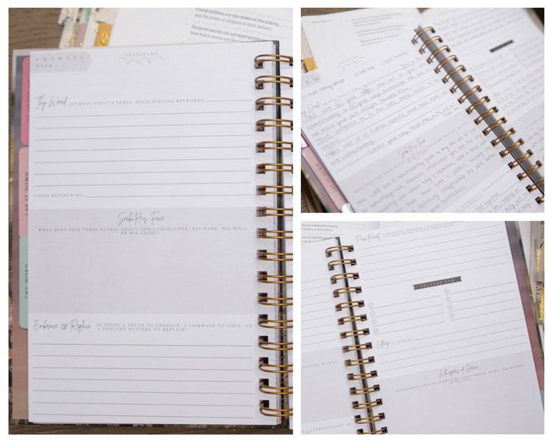 Op de afbeelding: Een open spiraalgebonden notitieboek met een witte omslag en een gouden binding. De pagina's zijn gestreept en hebben koppen zoals "My Word", "Seek His Face", "Embrace & Replenish" en "Patterns of Grace".