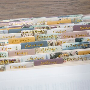 Puede incluir: Un conjunto de pesta&ntilde;as coloridas con patrones florales y letras doradas para una Biblia. Las pesta&ntilde;as incluyen nombres de libros de la Biblia como G&eacute;nesis, &Eacute;xodo, Lev&iacute;tico, N&uacute;meros, Deuteronomio, Josu&eacute;, Jueces, Rut, 1 Samuel, 2 Samuel, 1 Reyes, 2 Reyes, 1 Cr&oacute;nicas, 2 Cr&oacute;nicas, Esdras, Nehem&iacute;as, Ester, Job, Salmos, Proverbios, Eclesiast&eacute;s, Cantar de los Cantares, Isa&iacute;as, Jerem&iacute;as, Lamentaciones, Ezequiel, Daniel, Oseas, Joel, Am&oacute;s, Abd&iacute;as, Jon&aacute;s, Miqueas, Nah&uacute;m, Habacuc, Sofon&iacute;as, Hageo, Zacar&iacute;as, Malaqu&iacute;as, Mateo, Marcos, Lucas, Juan, Hechos, Romanos, 1 Corintios, 2 Corintios, G&aacute;latas, Efesios, Filipenses, Colosenses, 1 Tesalonicenses, 2 Tesalonicenses, 1 Timoteo, 2 Timoteo, Tito, Filem&oacute;n, Hebreos, Santiago, 1 Pedro, 2 Pedro, 1 Juan, 2 Juan, 3 Juan, Judas y Apocalipsis.