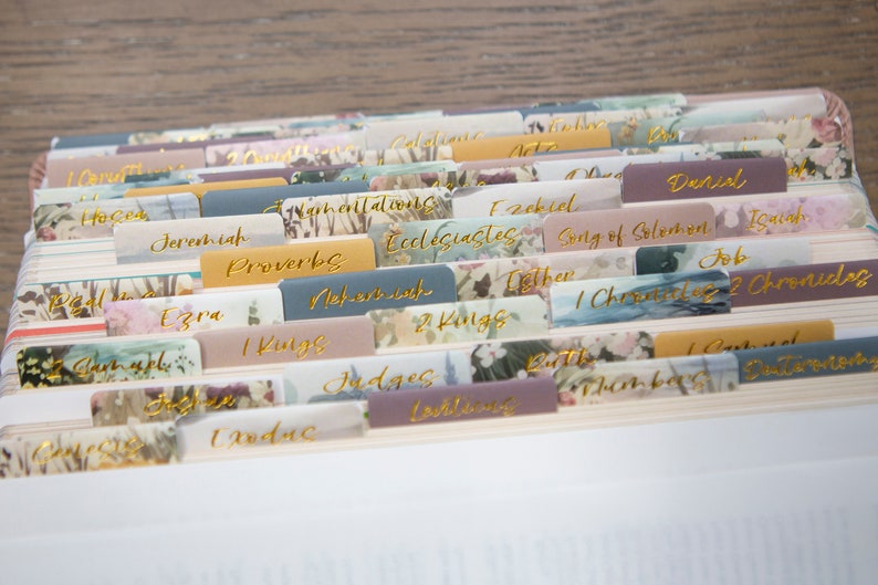 Puede incluir: Un conjunto de pesta&ntilde;as coloridas con patrones florales y letras doradas para una Biblia. Las pesta&ntilde;as incluyen nombres de libros de la Biblia como G&eacute;nesis, &Eacute;xodo, Lev&iacute;tico, N&uacute;meros, Deuteronomio, Josu&eacute;, Jueces, Rut, 1 Samuel, 2 Samuel, 1 Reyes, 2 Reyes, 1 Cr&oacute;nicas, 2 Cr&oacute;nicas, Esdras, Nehem&iacute;as, Ester, Job, Salmos, Proverbios, Eclesiast&eacute;s, Cantar de los Cantares, Isa&iacute;as, Jerem&iacute;as, Lamentaciones, Ezequiel, Daniel, Oseas, Joel, Am&oacute;s, Abd&iacute;as, Jon&aacute;s, Miqueas, Nah&uacute;m, Habacuc, Sofon&iacute;as, Hageo, Zacar&iacute;as, Malaqu&iacute;as, Mateo, Marcos, Lucas, Juan, Hechos, Romanos, 1 Corintios, 2 Corintios, G&aacute;latas, Efesios, Filipenses, Colosenses, 1 Tesalonicenses, 2 Tesalonicenses, 1 Timoteo, 2 Timoteo, Tito, Filem&oacute;n, Hebreos, Santiago, 1 Pedro, 2 Pedro, 1 Juan, 2 Juan, 3 Juan, Judas y Apocalipsis.
