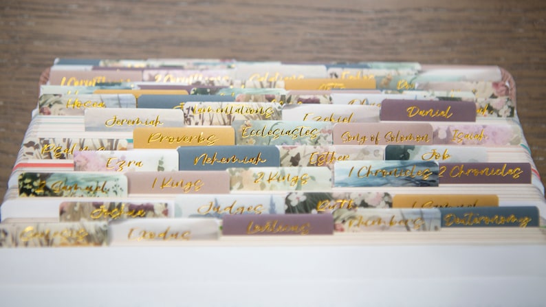 Puede incluir: Un conjunto de pesta&ntilde;as de &iacute;ndice de colores con patrones florales y letras doradas para una Biblia. Las pesta&ntilde;as incluyen nombres de libros de la Biblia como G&eacute;nesis, &Eacute;xodo, Lev&iacute;tico, N&uacute;meros, Deuteronomio, Josu&eacute;, Jueces, Rut, 1 Samuel, 2 Samuel, 1 Reyes, 2 Reyes, 1 Cr&oacute;nicas, 2 Cr&oacute;nicas, Esdras, Nehem&iacute;as, Ester, Job, Salmos, Proverbios, Eclesiast&eacute;s, Cantar de los Cantares, Isa&iacute;as, Jerem&iacute;as, Lamentaciones, Ezequiel, Daniel, Oseas, Joel, Am&oacute;s, Abd&iacute;as, Jon&aacute;s, Miqueas, Nah&uacute;m, Habacuc, Sofon&iacute;as, Hageo, Zacar&iacute;as, Malaqu&iacute;as, Mateo, Marcos, Lucas, Juan, Hechos, Romanos, 1 Corintios, 2 Corintios, G&aacute;latas, Efesios, Filipenses, Colosenses, 1 Tesalonicenses, 2 Tesalonicenses, 1 Timoteo, 2 Timoteo, Tito, Filem&oacute;n, Hebreos, Santiago, 1 Pedro, 2 Pedro, 1 Juan, 2 Juan, 3 Juan, Judas y Apocalipsis.