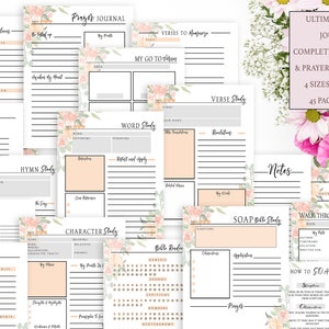 Puede incluir: Un conjunto de páginas imprimibles de estudio bíblico y diario de oración con ilustraciones florales. Las páginas incluyen secciones para versículos para memorizar, estudio de palabras, estudio de himnos, estudio de personajes, lectura de la Biblia, estudio bíblico SOAP, caminar a través del estudio de la palabra y necesidades de oración. El conjunto de diarios incluye 45 páginas en total.