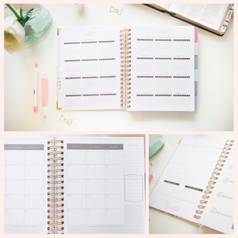 May include: A spiral-bound planner with gold-toned wire binding, featuring an open view of a yearly calendar spread, a weekly grid layout with columns for Friday, Saturday, and Sunday, and a page with sections labeled Time Bound and Relevant.