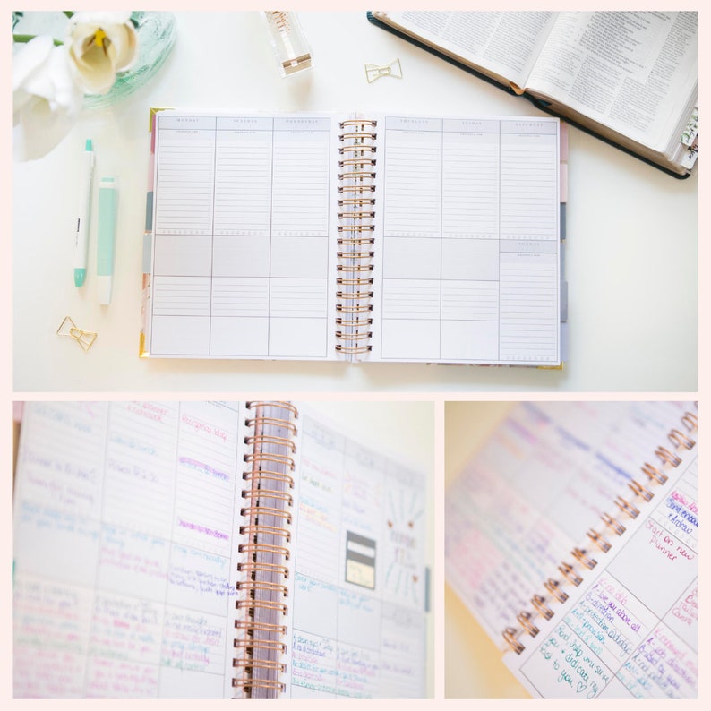 May include: A spiral-bound weekly planner with white pages featuring gray grid lines and headers for days of the week. The planner is open to show a two-page spread with columns for daily tasks and notes, held together by a metallic copper coil binding.