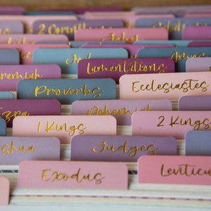 May include: A close-up of a set of colorful index cards with gold lettering. The cards are labeled with names from the Bible, including "Hosea", "Jeremiah", "Proverbs", "Ecclesiastes", "1 Kings", "2 Kings", "Joshua", "Judges", "Exodus", and "Leviticus".