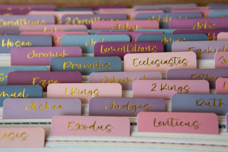 May include: A close-up of a set of colorful index cards with gold lettering. The cards are labeled with names from the Bible, including "Hosea", "Jeremiah", "Proverbs", "Ecclesiastes", "1 Kings", "2 Kings", "Joshua", "Judges", "Exodus", and "Leviticus".