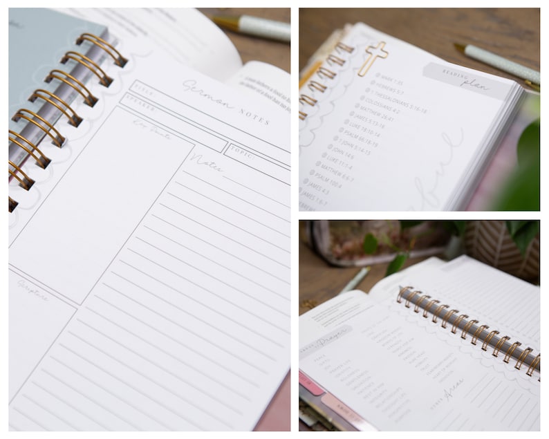 Op de afbeelding: Een wit spiraalgebonden notitieboek met gouden ringen. De omslag heeft de woorden "Sermon Notes" erop gedrukt. Het notitieboek heeft gelinieerde pagina's om notities te maken. Het notitieboek heeft ook een sectie voor een "Starting Place" met een lijst van Bijbelverzen.
