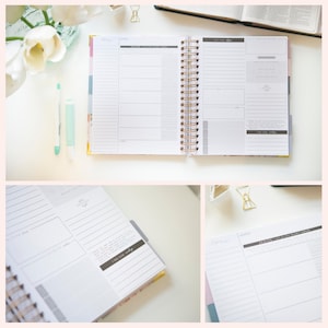 May include: A spiral-bound planner open to a two-page spread with white paper, black text, and lined sections. The layout includes headers like "IGNITE" and "ACTION" with various boxes for daily planning, goal tracking, and reflection prompts.