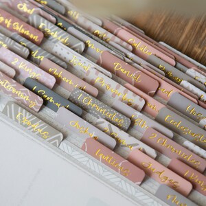 May include: A set of pink and gray dividers with gold lettering for a Bible. The dividers are labeled with the names of the books of the Bible, including Genesis, Exodus, Leviticus, Numbers, Deuteronomy, Joshua, Judges, Ruth, 1 Samuel, 2 Samuel, 1 Kings, 2 Kings, 1 Chronicles, 2 Chronicles, Ezra, Nehemiah, Esther, Job, Psalms, Proverbs, Ecclesiastes, Song of Solomon, Isaiah, Jeremiah, Lamentations, Ezekiel, Daniel, Hosea, Joel, Amos, Obadiah, Jonah, Micah, Nahum, Habakkuk, Zephaniah, Haggai, Zechariah, Malachi.