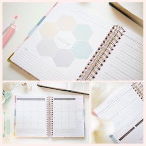 May include: A spiral-bound planner featuring a monthly calendar layout with grid boxes, a monthly review page with lined sections, and a goal-setting page with pastel-colored hexagonal shapes and the text THIS MONTH'S WORD.