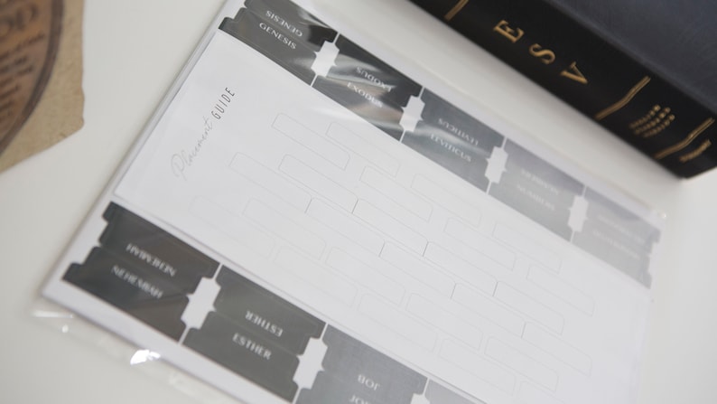 May include: A set of black and white Bible book tabs with the names of the books printed on them. The tabs are in a clear plastic bag and say "Reference Guide" on the top.