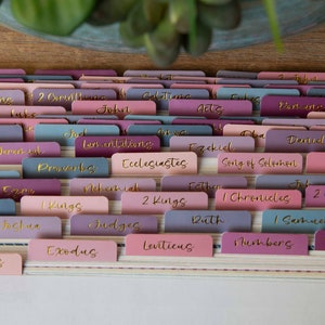 May include: A set of colorful, tabbed dividers for a Bible. The tabs are labeled with the names of the books of the Bible, including Genesis, Exodus, Leviticus, Numbers, Deuteronomy, Joshua, Judges, Ruth, 1 Samuel, 2 Samuel, 1 Kings, 2 Kings, 1 Chronicles, 2 Chronicles, Ezra, Nehemiah, Esther, Job, Psalms, Proverbs, Ecclesiastes, Song of Solomon, Isaiah, Jeremiah, Lamentations, Ezekiel, Daniel, Hosea, Joel, Amos, Obadiah, Jonah, Micah, Nahum, Habakkuk, Zephaniah, Haggai, Zechariah, Malachi, Matthew, Mark, Luke, John, Acts, Romans, 1 Corinthians, 2 Corinthians, Galatians, Ephesians, Philippians, Colossians, 1 Thessalonians, 2 Thessalonians, 1 Timothy, 2 Timothy, Titus, Philemon, Hebrews, James, 1 Peter, 2 Peter, 1 John, 2 John, 3 John, Jude, and Revelation.