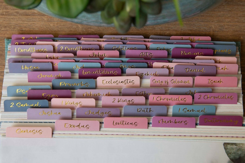 May include: A set of colorful, tabbed dividers for a Bible. The tabs are labeled with the names of the books of the Bible, including Genesis, Exodus, Leviticus, Numbers, Deuteronomy, Joshua, Judges, Ruth, 1 Samuel, 2 Samuel, 1 Kings, 2 Kings, 1 Chronicles, 2 Chronicles, Ezra, Nehemiah, Esther, Job, Psalms, Proverbs, Ecclesiastes, Song of Solomon, Isaiah, Jeremiah, Lamentations, Ezekiel, Daniel, Hosea, Joel, Amos, Obadiah, Jonah, Micah, Nahum, Habakkuk, Zephaniah, Haggai, Zechariah, Malachi, Matthew, Mark, Luke, John, Acts, Romans, 1 Corinthians, 2 Corinthians, Galatians, Ephesians, Philippians, Colossians, 1 Thessalonians, 2 Thessalonians, 1 Timothy, 2 Timothy, Titus, Philemon, Hebrews, James, 1 Peter, 2 Peter, 1 John, 2 John, 3 John, Jude, and Revelation.