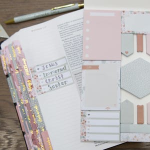 May include: A set of pink and gray floral patterned sticky notes with a hexagonal note and a variety of rectangular notes. The notes are designed for use in a journal or planner.