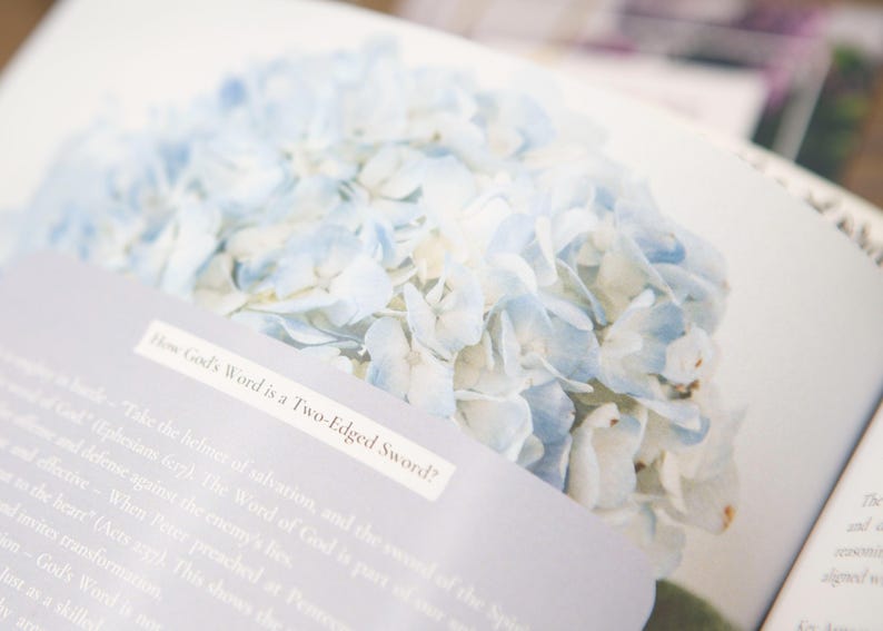 May include: Open book with a light blue hydrangea flower image. Text on a white label reads "How God's Word is a Two-Edged Sword?" The book pages have additional text in a light gray font.