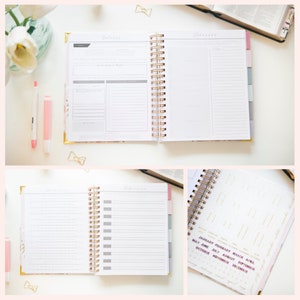 May include: A spiral-bound planner with white pages featuring printed sections for goals, daily tasks, and monthly calendars. The planner includes gold-toned wire binding, colorful tabbed dividers, and text listing months of the year in bold purple and gold fonts.