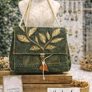 Green Suede Leather Patchwork Day and Night Bag, Multi-Pocket Organizer Shoulder Bag