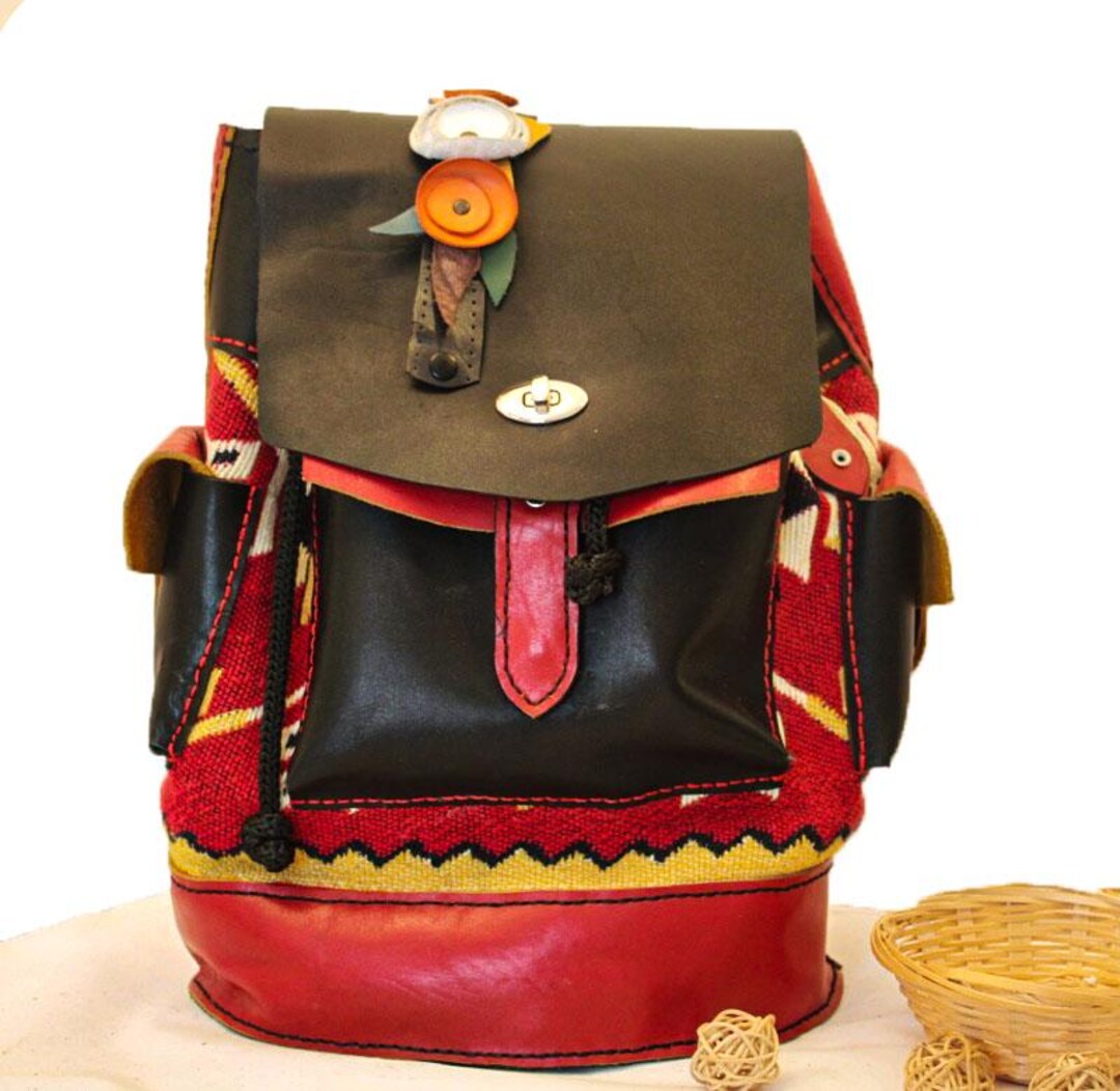 Handmade Backpack Rustic Boho Style Leather With Kilim Handmade Moroccan Leather Backpack: Kilim Boho Travel  main image 3