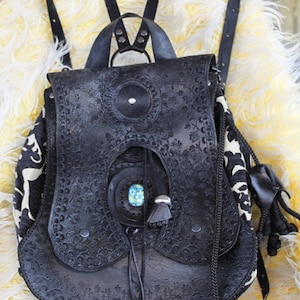 Engraved Leather Backpack: Handmade Retro Tapestry Hiking Bag