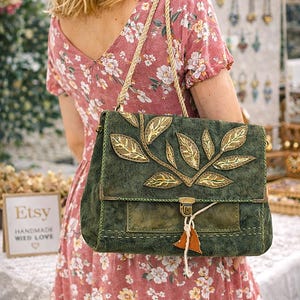 Bolso de día y de noche con patchwork de piel de ante verde, bolso de hombro organizador con múltiples bolsillos