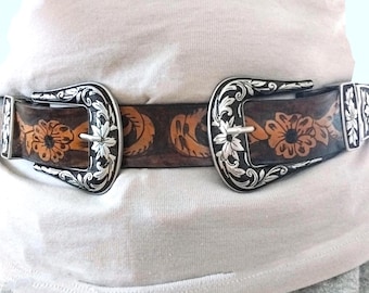 Floral Antique Silver Buckle Leather Western Belt