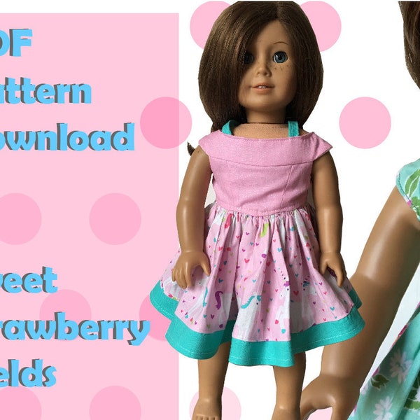 18 Inch Doll Dress, Off Shoulder Doll Dress Pattern, Vintage Style Doll Dress, Pdf Doll Dress, Sweet Strawberry Fields, MPP Boutique Pattern