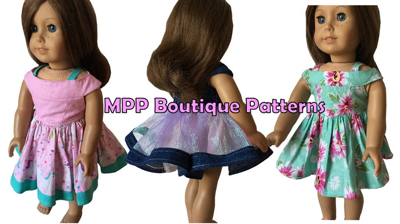 May include: Three doll dresses in different styles and colors. One is pink with a unicorn pattern, another is blue with a shimmering skirt, and the third is mint green with a floral print. The dresses are displayed on dolls.