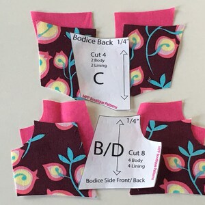 May include: Arrangement of fabric pieces for a sewing project. The pieces are a mix of patterned fabric with floral designs in yellow, pink, and teal, and solid pink fabric. Pattern pieces are labeled with text.