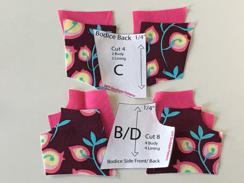 May include: Arrangement of fabric pieces for a sewing project. The pieces are a mix of patterned fabric with floral designs in yellow, pink, and teal, and solid pink fabric. Pattern pieces are labeled with text.