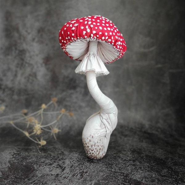 Textile mushroom home decor, amanita soft sculpture fungus, textile art, toadstool red, fabric mushrooms decorations,  fly agaric statue