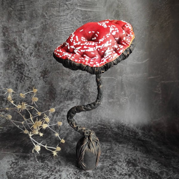 Mushroom Amanita textile art, mushroom soft sculpture, fabric toadstool home sculpture, large mushroom figure decor, fiber art, fly agaric