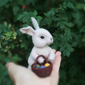 Needle Felted Bunny Rabbit Sculpture: Easter Decor with Basket