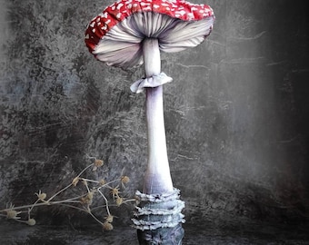 Textile mushroom sculpture, amanita magic mushroom statue, whimsical table decor, textile art, fly agaric, fabric mushroom soft sculpture
