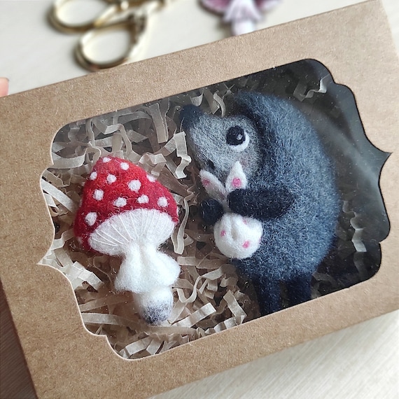 Needle Felted Hedgehog Brooch: Wool Mushroom Jewelry, Forest Gift