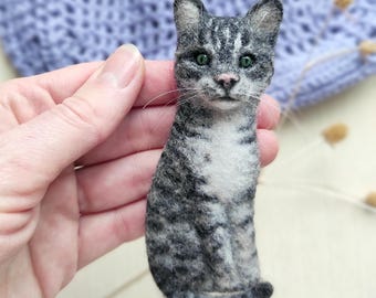 Aangepaste naaldvilten kattenbroche, portretspeld huisdier gedenkteken