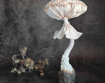 Mushroom textile sculpture decor, fiber art textiles, fly agaric soft statue, fungus Amanita pantherina, white mushroom fabric gifts