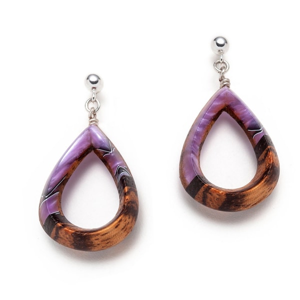 Purple water drop classic wooden earrings