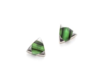 Triangular stud silver earrings, green, red, blue, purple or yellow