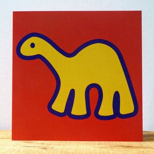 Cartão de dinossauro, dinossauro amarelo, cartão infantil legal, cartão de animal colorido, cartão de animal peculiar, cartão de aniversário infantil, cartão de dinossauro em branco