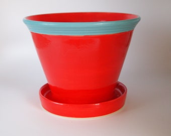 Ceramic Desk Planter/ Table Planter/ Flower Pot/ Indoor Garden Planter/ Cactus Planter Coral Red With a Turquoise Rim/ Wedding Gifts