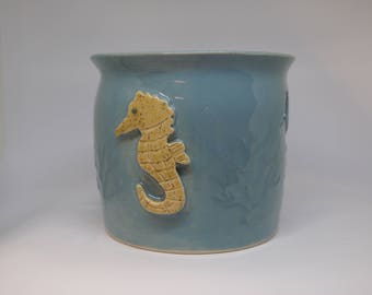 Ceramic Candle Holder with Hand Carved  Decorative Seahorse Cut Outs and Hand Painted Ornaments