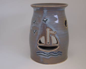 Ceramic Essential Oil Warmer with Hand Carved Decorative Sailboat and Sun Cut Outs Gifts