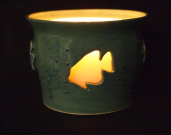 CANDLE HOLDER Decorate Summer Patio Table Pottery with Fish Cut Outs and Detailed Ornaments