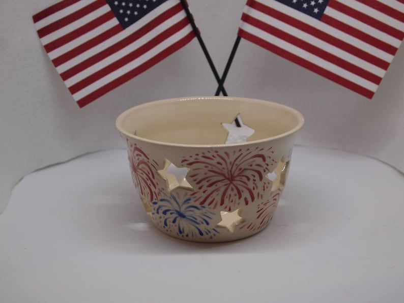 4th of July Summer Outdoor BBQ Decor Candle Sleeve with Red and Blue Fireworks and Star Cut Outs White