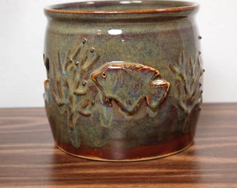 Ceramic Candle Holder with Hand Carved Decorative Fish Cut Outs and Detailed Ornaments Green/Brown