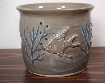 Ceramic Candle Holder with Hand Carved Decorative Fish Cut Outs and Detailed Ornaments Gray/Blue