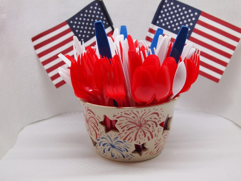 4th of July Summer Outdoor BBQ Decor Candle Sleeve with Red and Blue Fireworks and Star Cut Outs White