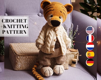 SET - Crochet Tiger Pattern + Knitting Toy Clothes Patterns - Polushkabunny