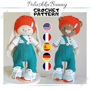Patrón de crochet PDF Conjunto de ropa de juguete "Junior" - English, Deutsch, Français, Nederlands, Español / Polushkabunny